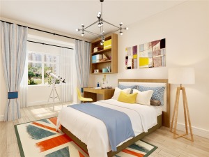 主臥室和次臥室通鋪強化復合地板，墻面也是和客廳一樣的淺奶茶色。