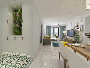 玄关地面与客厅部分地面采用绿色花砖，使整个空间清新脱俗。