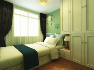 主卧室的整个墙面以白色乳胶漆为主，与电视墙与床头墙面壁纸的相结合使整个空间格外舒适