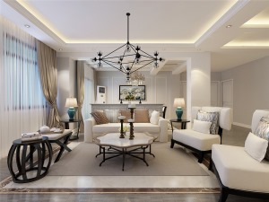 中间搭配欧式风格的吊灯，沙发和茶几采用真皮和实木相结合