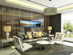 沙发背景墙采用黑檀木纹饰面板加玻璃使空间更加宽敞透亮