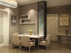在餐厅的设计中，采用了白色系的餐桌椅搭配白净的厨房双开门。