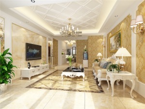 金色的大马革士壁纸，白色的欧式家具，华丽的吊灯，为整个空间营造了雍容华贵的装饰效果。