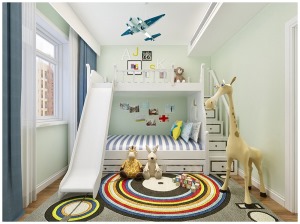 次卧室是儿童房，墙面是苹果绿色乳胶漆，上下床更适合孩子，地面同铺地板。