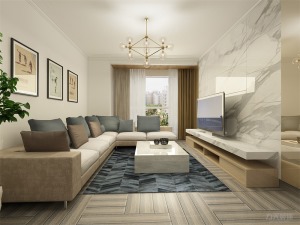 客厅的设计比较简单，沙发背景墙放了3幅装饰画