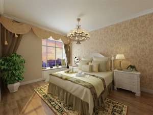主卧室，应业主要求，整体温馨舒适，床头背景加壁纸