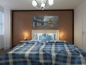 床，床头柜的选择对整体的色彩效果也起到了点明主题的作用。