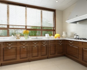厨房则配以木色定制橱柜，加以集成灶，显示了现代的富丽大气。