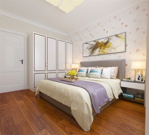 地面选用暖色复合木地板，墙面是选用AB版的方式满贴壁纸。