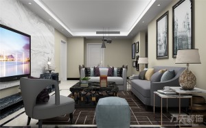 客厅主要以白色为主色调，咖啡色和白色组成的地毯，灰色的沙发，抱枕则使用了一些跳跃的颜色，为整体空间增