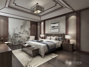 现代风格卧室的背景墙是整体的壁纸，中式突出的桃木色床，吊灯电视柜