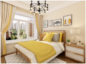 主卧室的墙面颜色与客餐厅相同，床品搭配的颜色偏黄，属于暖色调，看起来十分温馨