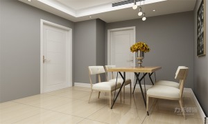 墙面以灰色调，搭配白色门和吊顶相得映彰，灰白色地毯与之相呼应。浅黄色地砖使整个空间明亮。