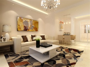 沙发采用米黄色视觉上会更加亲近舒适，简单的茶几显得更加悠闲随意。