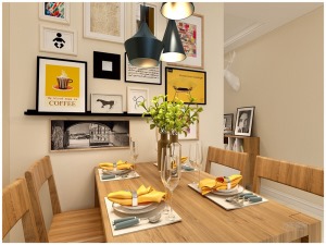 餐桌椅在与厨房一墙之隔的位置，简单四人餐桌，墙面是整组的装饰画。