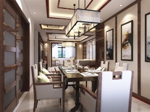 客厅运用回形吊顶，突出空间的造型性。右侧为餐厅，餐厅和厨房使空间得到最大化的利用率。