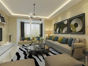 整体设计给人一种宽敞明亮的感觉，整个空间色调为米黄色，在客厅的设计中，沙发背景墙用简单的挂画做装饰
