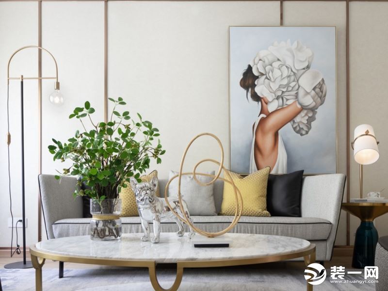 客厅效果图赏析：客厅刷米黄色的乳胶漆，并配以简单的金属线框架，简单的平棚，简单的沙发，配以蓝色的单椅
