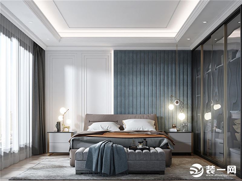 卧室背景墙以白蓝为主，进行分割，简约且好看，玻璃式推拉门，方便且实用，整屋宽敞又美观。