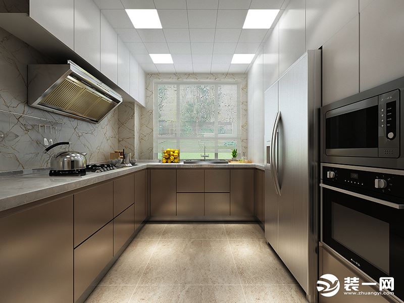厨房采用耐磨的UV板材，采用隐藏扣手的设计，简约实用 冰箱实用双开门内嵌与内嵌式蒸箱烤箱形成一个整体