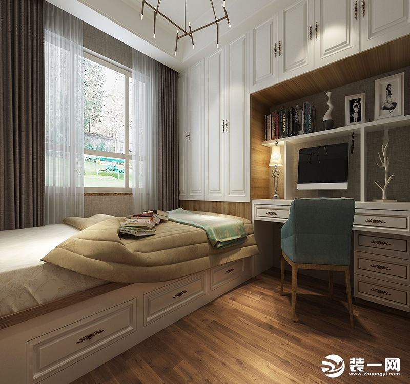 次卧室采用的榻榻米的形式，采用的地板的颜色与主卧室相同榻榻米未采用升降桌的形式使用的是嵌入式的软垫