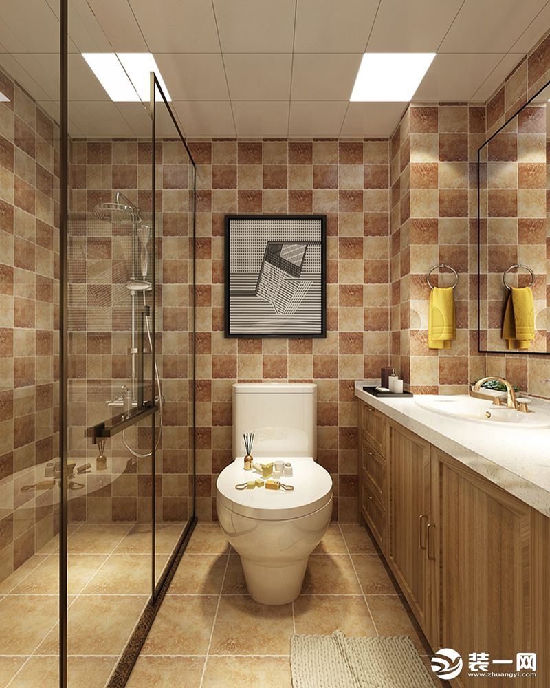 卫生间墙砖AB砖，采用拼色的造型处理，显得空间更加的灵动， 地面采用哑光瓷砖，耐脏的