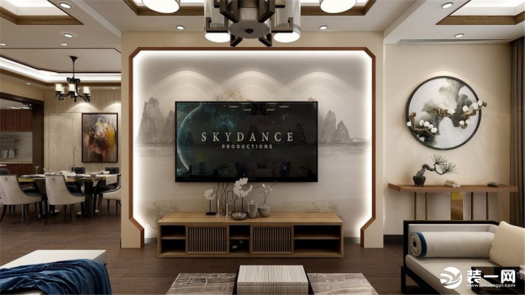 电视背景墙采用中式风格的元素，所以结构简单但韵味十足，配合灯带壁纸更显灵气。
