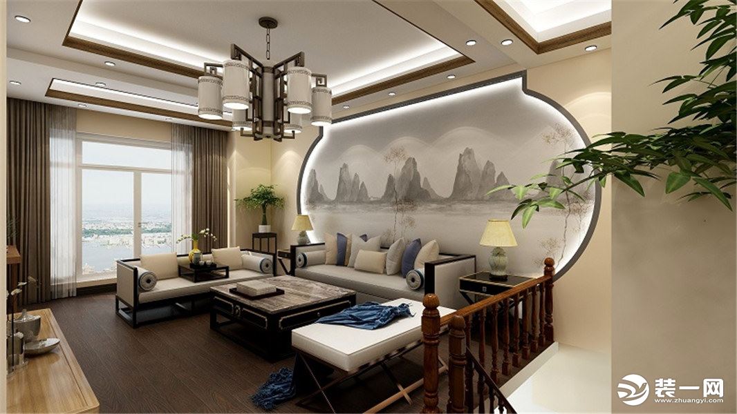 沙发背景墙同样采用中式元素弧形的设计是该案例最大的亮点，巧妙的把空间的对称感从视觉上矫正。