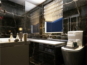 精专属的卫浴空间同样以最高规格打造，立面使用钢化玻璃饰面，内墙面仿真度百分百的黑色大理石石材质感加上