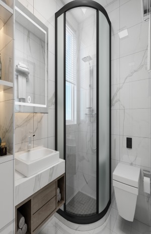 卫生间效果图赏析：以大理石瓷砖为主体，配合天花板内嵌式光源，让浴室显得温暖整洁而舒适。小窗设计使其更