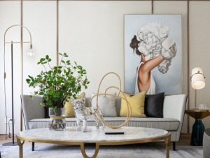 客厅效果图赏析：客厅刷米黄色的乳胶漆，并配以简单的金属线框架，简单的平棚，简单的沙发，配以蓝色的单椅