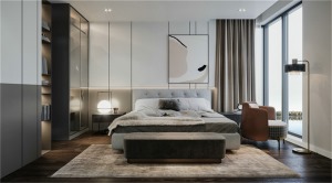 卧室背景是干净素然、线条简洁的白色硬包墙板，干净简单，让你置身于一个完全包容和简朴的栖息空间。主卫从