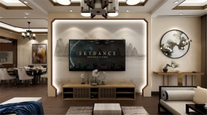 电视背景墙采用中式风格的元素，所以结构简单但韵味十足，配合灯带壁纸更显灵气。