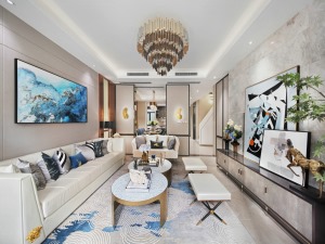客厅以蓝色为基础色调，让客厅风格显得干净明快，巧妙的塑造了空间感，让客厅视觉空间得到极好的延伸和拓展