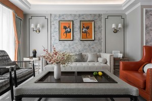 客厅：客厅整个色调为浅灰色系，地面用了浅灰色地砖，搭配浅灰色墙面，看起来和谐美观，沙发背景墙运用了护