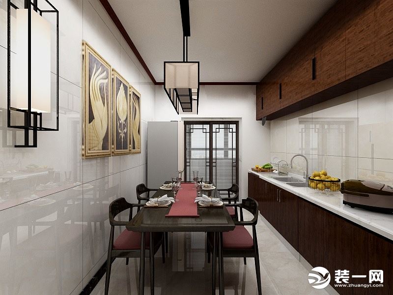 新中式风格非常讲究空间的层次感，厨房就是很好的证明，色彩深浅分明，配色清晰。