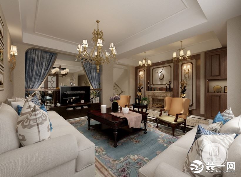 在一楼的客厅和餐厅的设计上采用了通过铜色的吊灯和优雅的家具加上浪漫的色跳舞兰