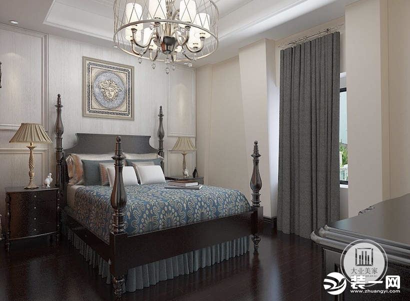 在卧室内，灯光温馨舒适；在饰品布置上，用成套的布艺来装饰房间
