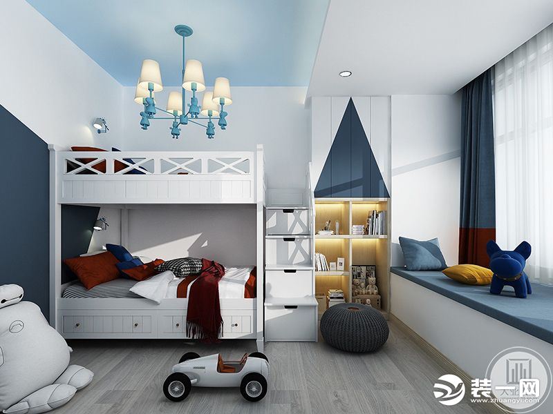 儿童房，浅灰色木地板铺设地面，蓝色调为空间主调，打造舒适静谧感，双层儿童床上方顶面蓝色乳胶漆面，飘窗