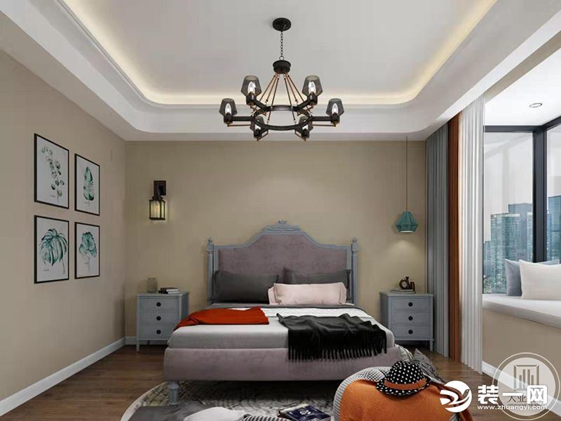 主卧，白色和米奇色搭配，家具采用低彩度、线条简单且修边浑圆的木质家具。