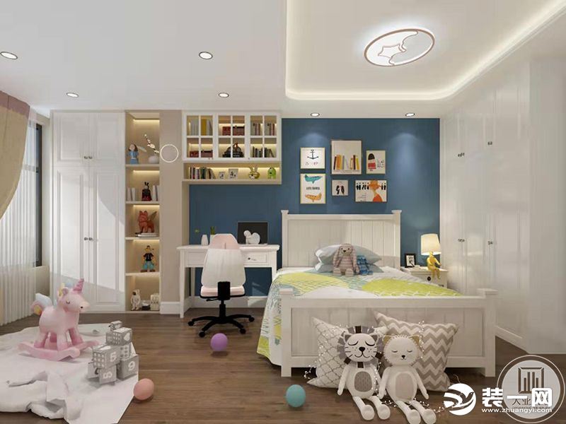 儿童房一以浅墨蓝色和粉色搭配，以丰富的色彩搭配，所有颜色的饱和度也很高，体现出色彩最绚烂的一 面 