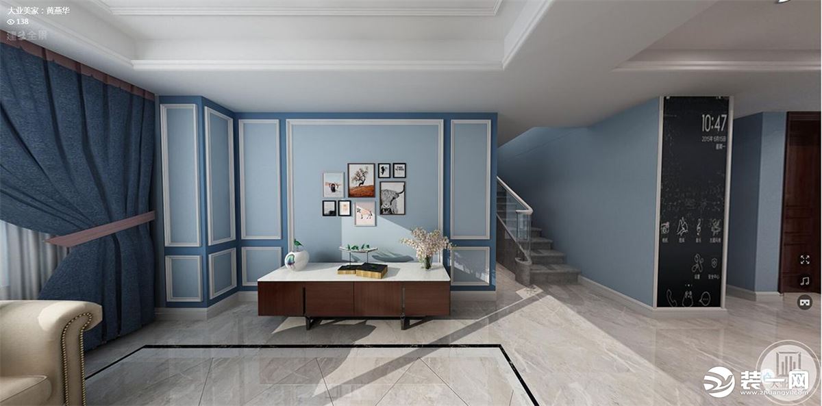 客厅，整体以蓝白色浅蓝色搭配，室内整体采用嵌入式石膏吊顶一大理石作为地面装饰材料，光泽感极佳 