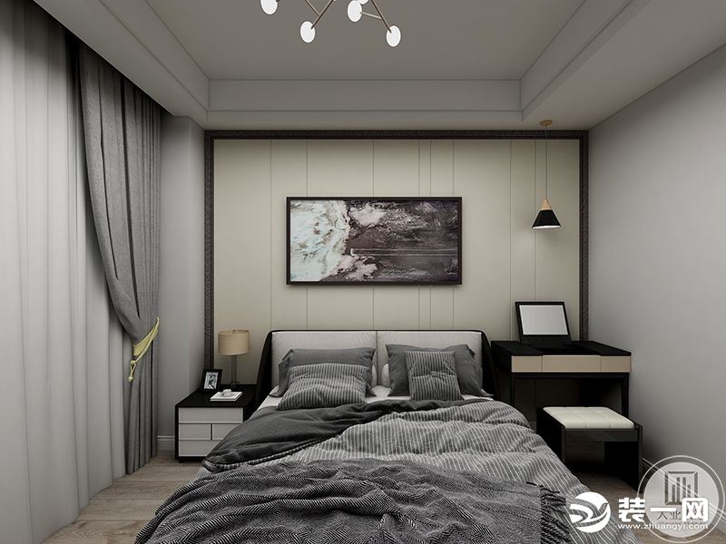 主卧室延续了公共空间的色调，床头添加了吊灯来进行点缀，低调的细节中表现出精致。