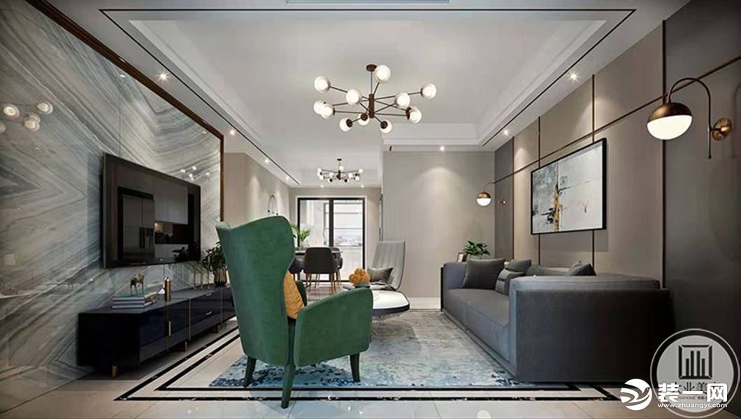 客厅整体以简约风格为主，点缀金属线条，提升品质的同时增加空间的纵深感。