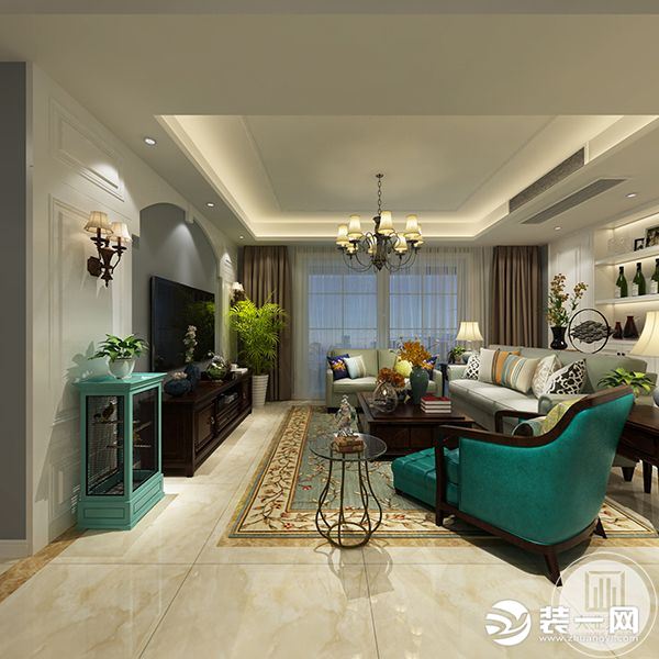 楼下客厅客厅使用纯色墙纸以及木饰面装饰品，色调明快。大花样式的地毯，很有小美式的味道，单个墨绿色沙发
