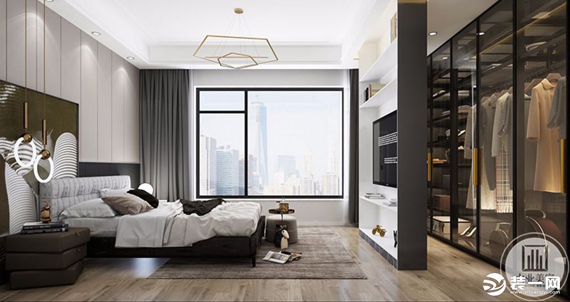 客房的色彩搭配也以更为稳重的灰色为主色调，衣帽间于卧室仅以一墙之隔，营造通透、大气的空间氛围。