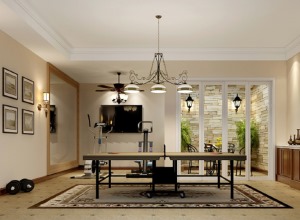 客厅深色装饰书架，浅色布艺沙发和镂槽吊顶让整个空间变得大方时尚，以实木材料制作的餐桌及椅凳朴实而自然