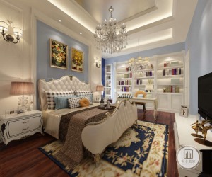 蓝色的沙发、窗帘活跃了空间，点亮了色彩，背景墙、家具等搭配营造出优雅时尚的欧式氛围