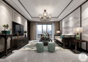 客厅，中式韵味的基础格调与新元素共生，不同材质相融相生，尽显清雅与平和。沙发背景墙大幅山水挂画装饰 