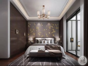 主卧室的整体设计以中式典雅稳重为基调，在材质上用实木带中式元素的造型衬托整体氛围，布艺的硬包点缀金色
